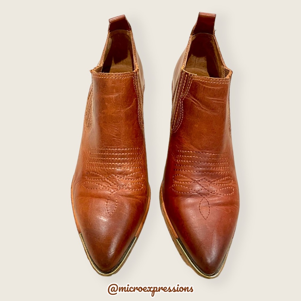 Frye Faye Shootie Cognac Leather Western Southern Embroidered Cowboy Heel Bootie - Picture 3 of 11